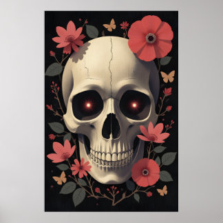 Poster Crâne Floral Gothique - Crâne Stylisé