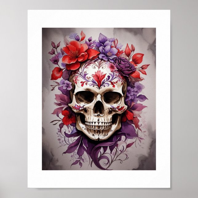 Poster Crâne floral rouge et violet Halloween Art mur (Devant)