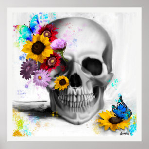 Poster Crâne gothique floral fleurs papillons