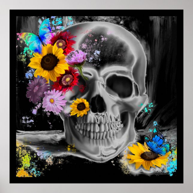 Poster Crâne gothique floral fleurs papillons (Devant)