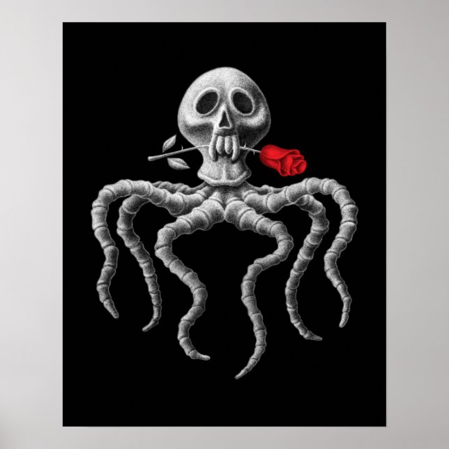 Poster Crâne octopique noir et blanc avec Rose rouge (Devant)