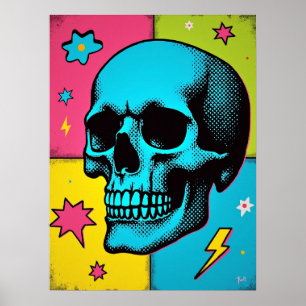 Poster Crâne pop art avec points demi-tons néon