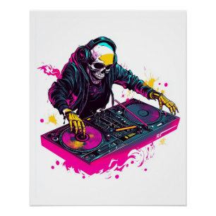 Poster Crâne Rave � Squelette de fête EDM DJ