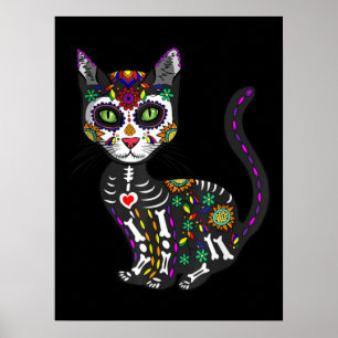 Poster Crâne sucre Chat mexicain Halloween Jour De La Mor