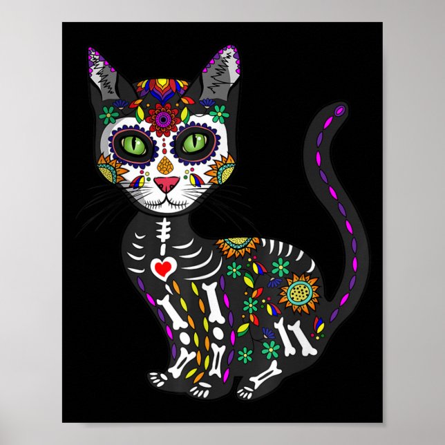 Poster Crâne sucre Chat mexicain Halloween Jour De La Mor (Devant)