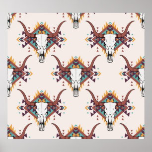 Poster Crâne taureau de la tribu : Boho Seamless