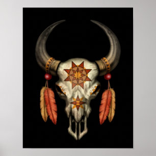 Poster Crâne taureau natif décoré avec plumes sur noir