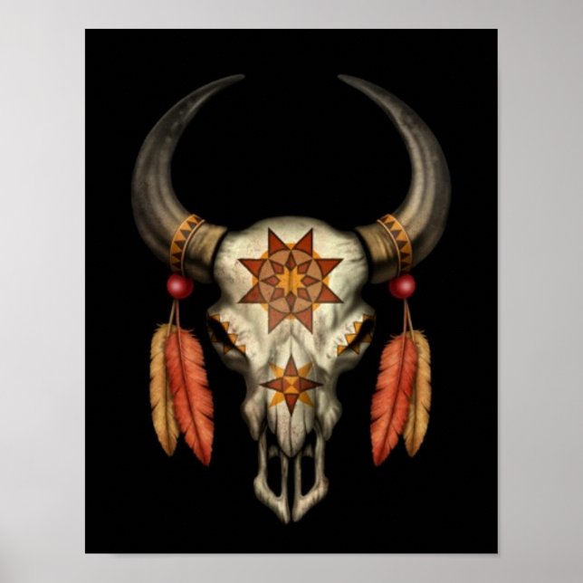 Poster Crâne taureau natif décoré avec plumes sur noir (Devant)