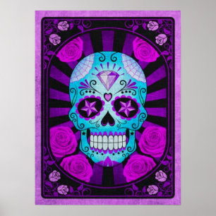 Poster Crâne vintage à sucre bleu et pourpre avec Roses