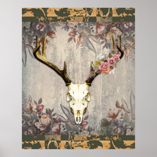 Poster Crâne vintage de cerf floral (Devant)