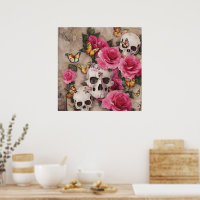 Crânes et Roses avec accents papillon