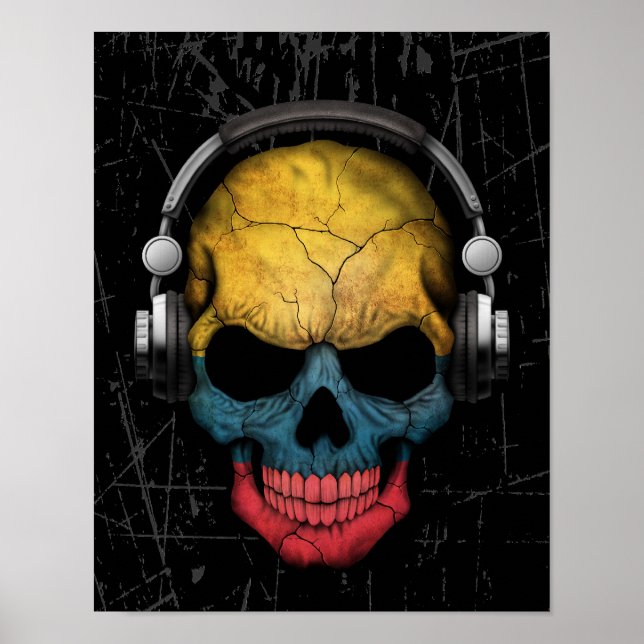Poster Cratché Dj Colombien crâne avec casque (Devant)