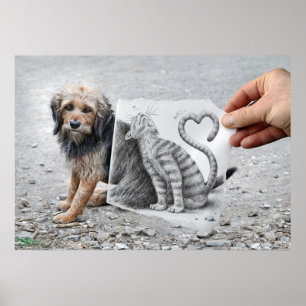 Poster Crayon contre l'appareil-photo - chien et chat