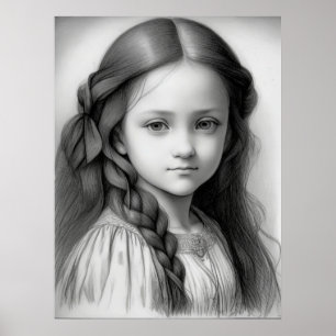 Poster Crayon noir et blanc dessin fille Génération AI