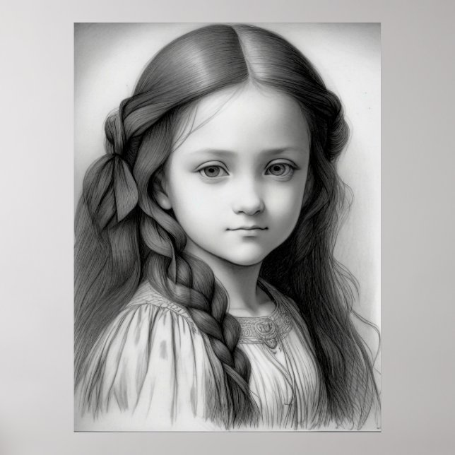 Poster Crayon noir et blanc dessin fille Génération AI (Devant)