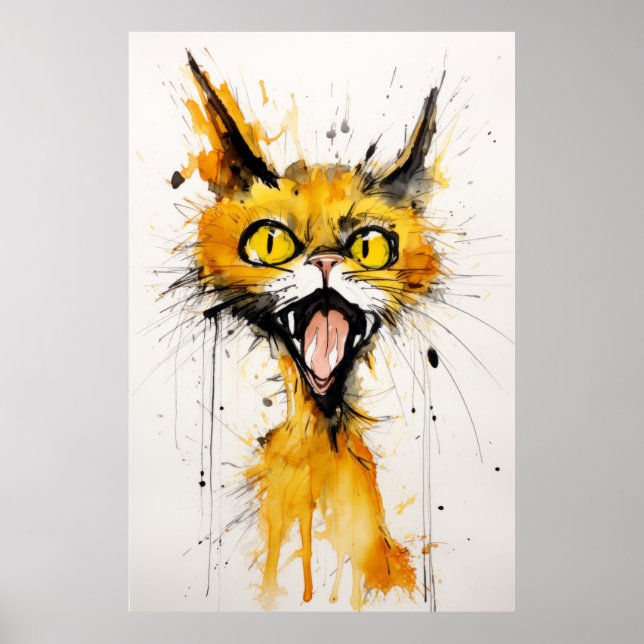 Poster Crazy Cat dans le style de Ralph Steadman : Jaune  (Devant)
