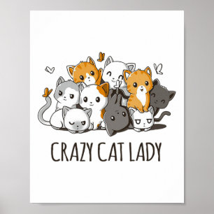 Poster Crazy Chat Lady Cute Anime Kitty Chat T Chemise