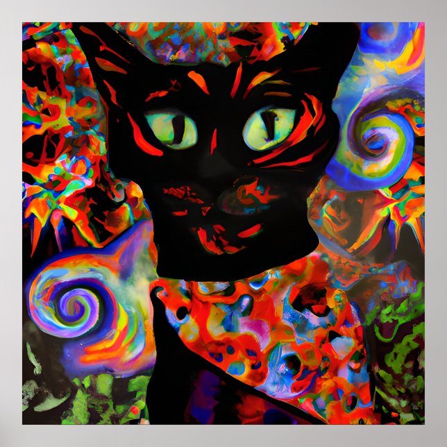 Poster Crazy Halloween Black Cat Portrait Art (Devant)