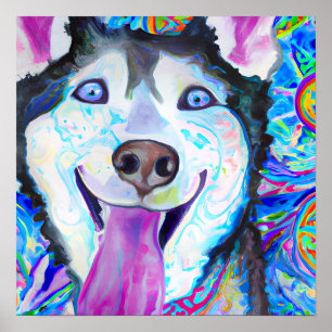 Poster Crazy Happy Sibérien Husky Portrait Art