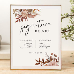 Poster Cream Boho Floral Bar Signature Boissons Mariage