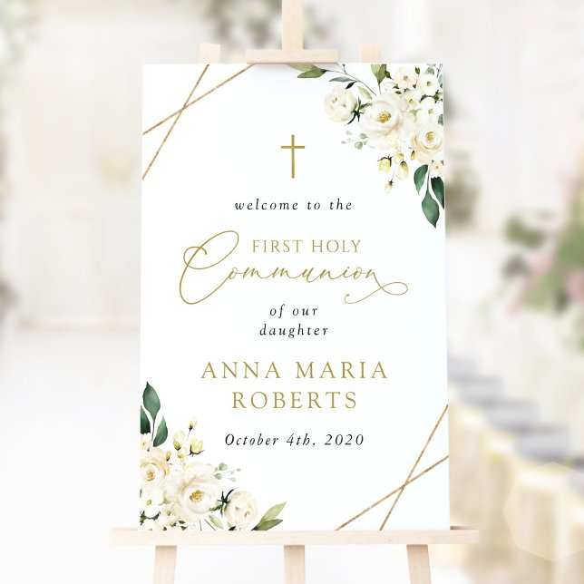 Poster Cream White Flowers, First Holy Communion Welcome (Créateur téléchargé)