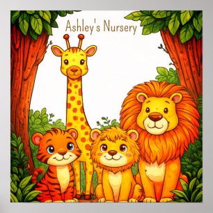 Poster Crèche Jungle Safari Animaux Marron Blanc 