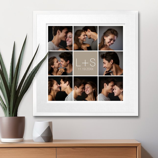 Poster Créez votre propre collection photo Mariage Monogr (Personalized Poster with 8 Photos and a Monogram in the Center)