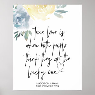 Poster Crème Bleue Floral Mariage Vrai Amour Bienvenue