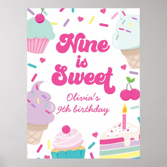 Poster Crème glacée et gâteau Neuf est doux 9e anniversai (Devant)