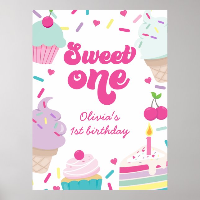 Poster Crème glacée et gâteau sucré Un 1er anniversaire (Devant)