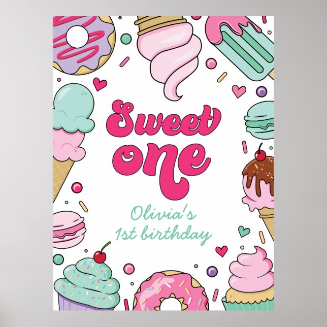 Poster Crème glacée et gâteau sucré Un 1er anniversaire (Devant)