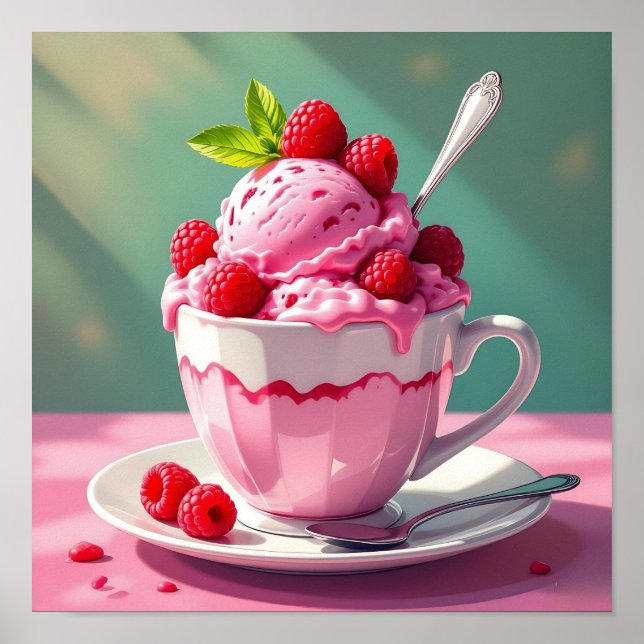 Poster Crème glacée framboise dans une coupe de café rose (Devant)
