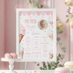 Poster Crème glacée rose 1er anniversaire photo jalon