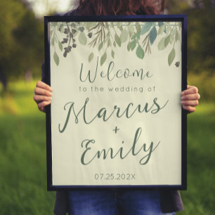 Poster Crème moderne et Mariage Eucalyptus Bienvenue