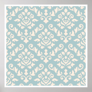 Poster Crème Motif baroque Damas sur bleu
