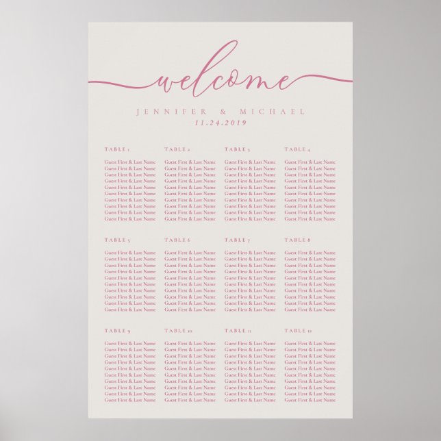 Poster Crème rose Simple Mariage Siège Douze Table (Devant)