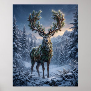 Poster Crépuscule d'hiver du cerf des pins