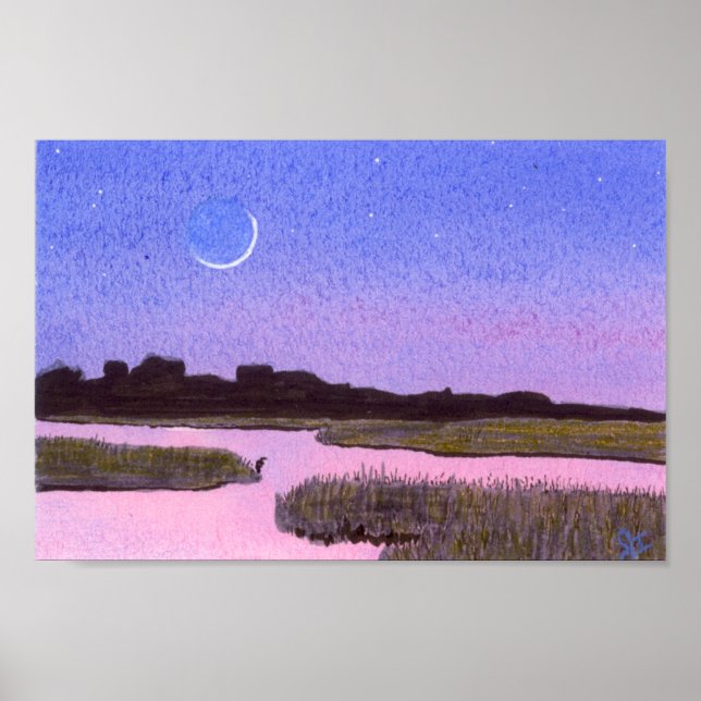 Poster Crescent Moon Marsh & Heron (Devant)