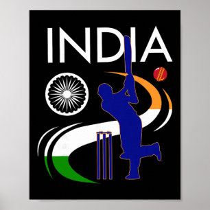 Poster Cricket indien avec brosse drapeau indien Ashoka