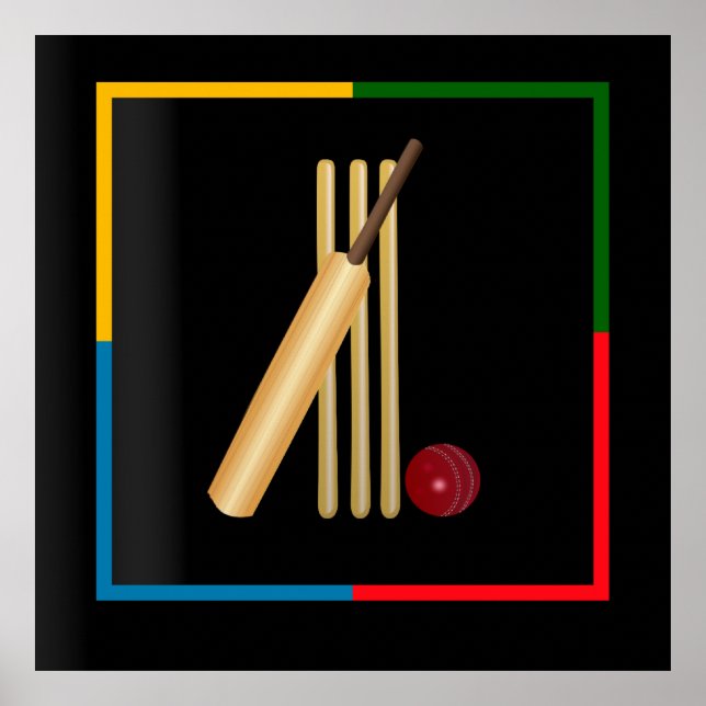 Poster Cricket, wicket, chauve-souris et balle, (Devant)