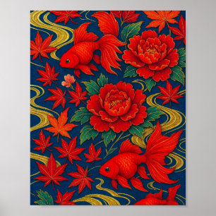 Poster Crimson Koi Danse en fleurs d'automne