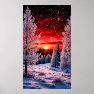Poster 🔥 Crimson Sunset Over Snowy Forest Magic ✨