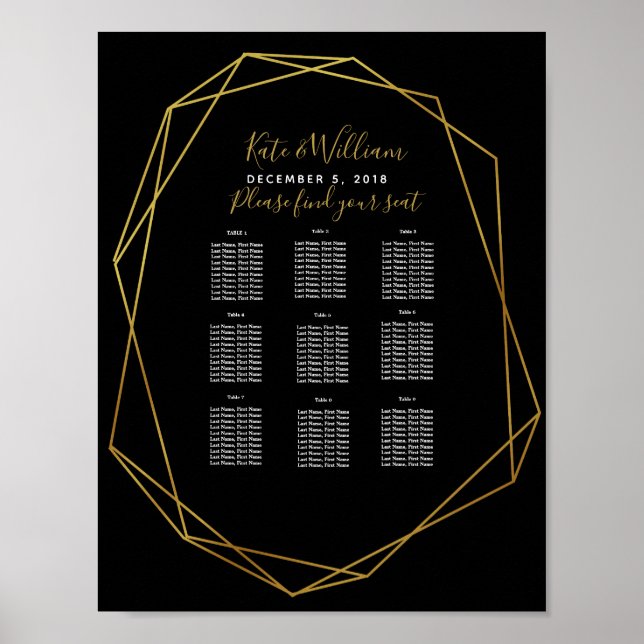Poster cristal géométrique noir Table plan partie/mariage (Devant)