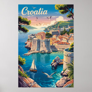 Poster Croatie Dubrovnik Illustration Voyage Art Vintage