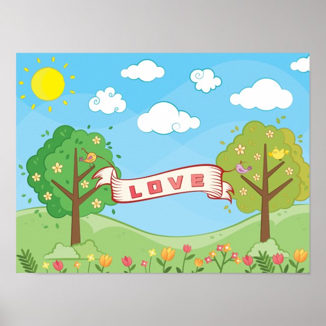 Poster Croire à l'amour gentille arbres Fleurs Oiseaux (Devant)