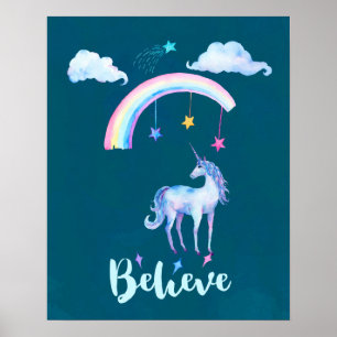 Poster Croire avec une licorne sous un arc-en-ciel