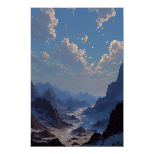 Poster Croissant de Lune sur une Vallée de Montagne Brume (Devant)