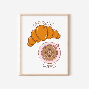 Poster Croissant et café dessinés à la main - Art pour cu