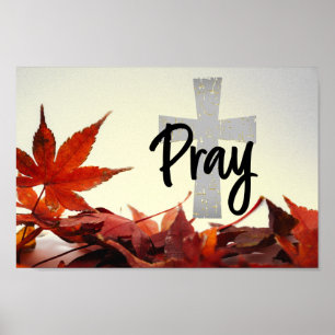 Poster Croix chrétienne de Prière, Feuilles rouges d'auto