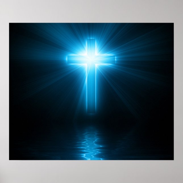 Poster Croix chrétienne en lumière bleue (Devant)